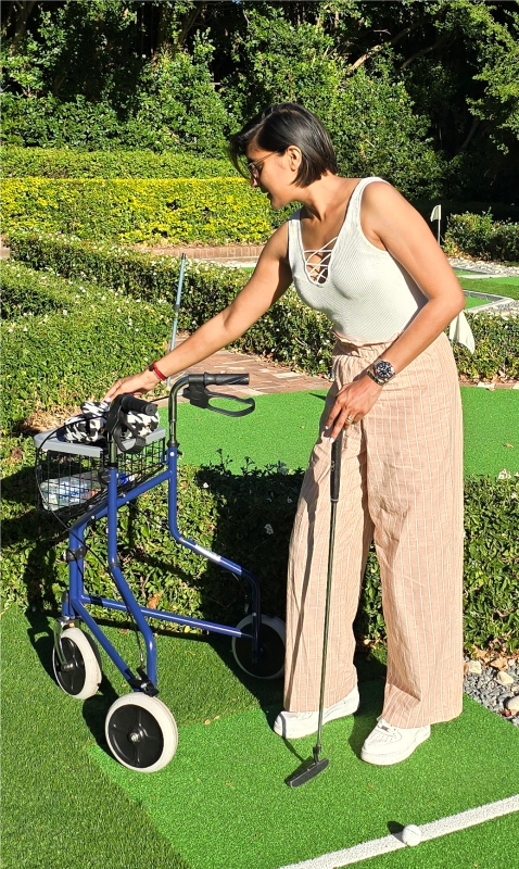 Shay-Mini Golf Shay, still healing and learning to mauver with her prosthetic on a mini-golf course